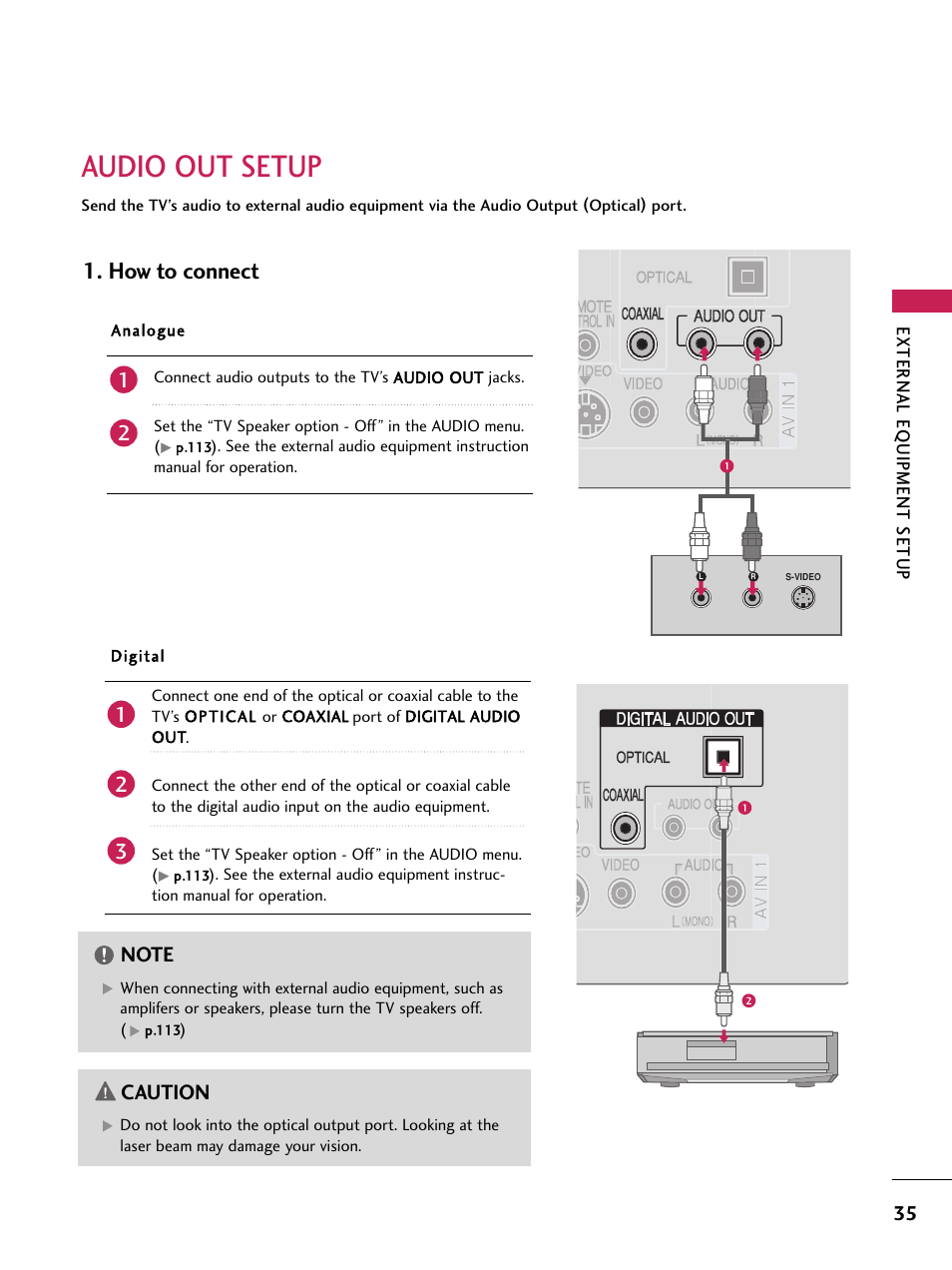 Audio out setup, How to connect, Caution | LG 60PB4D User Manual | Page 36 / 152