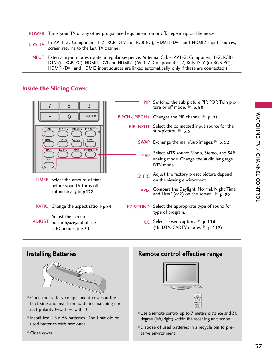 Installing batteries, Remote control effective range, Inside the sliding cover | Wa tching tv / channel contr ol | LG 60PB4D User Manual | Page 38 / 152