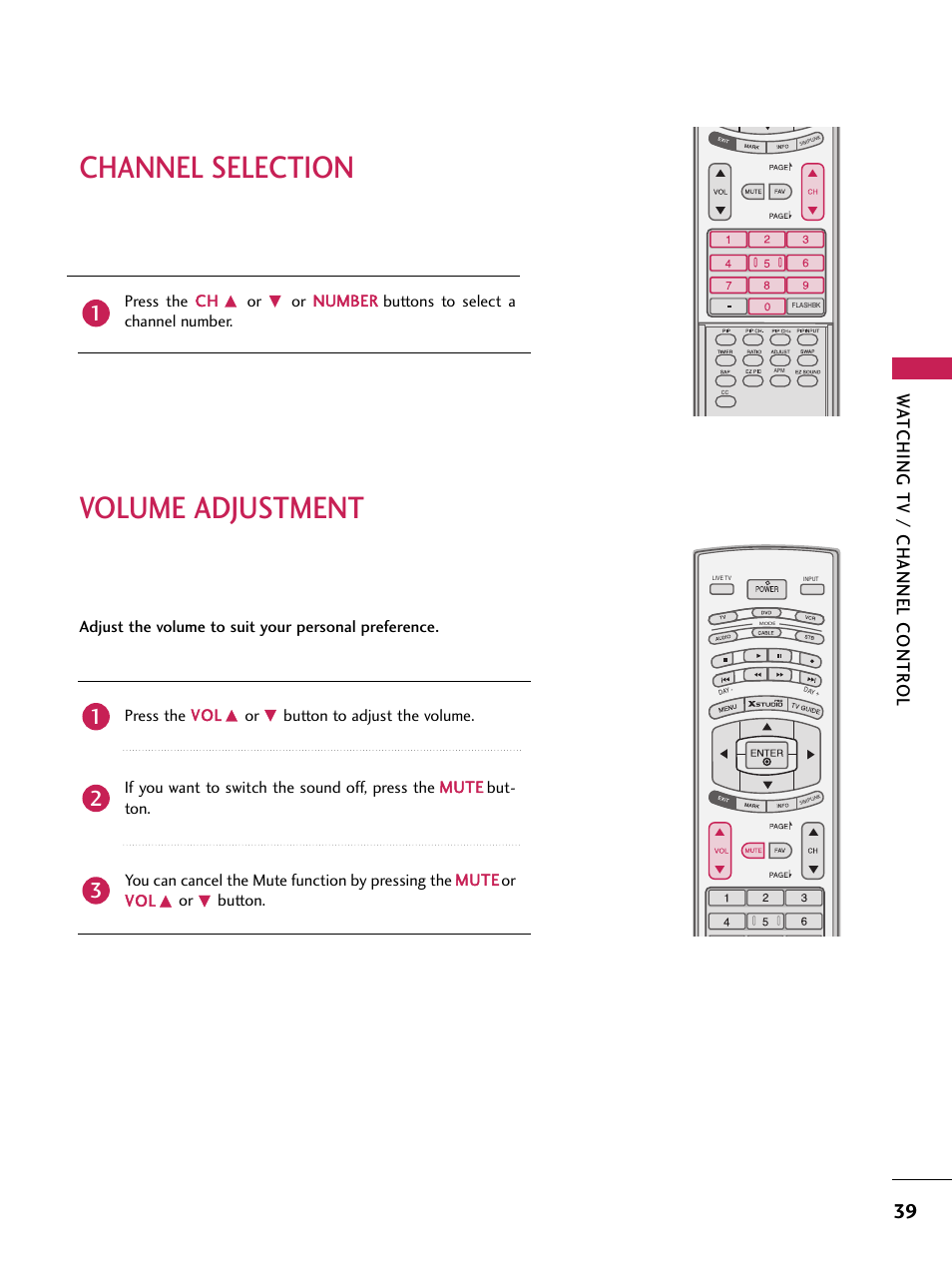 Channel selection, Volume adjustment, Volume adjustment channel selection | Wa tching tv / channel contr ol | LG 60PB4D User Manual | Page 40 / 152