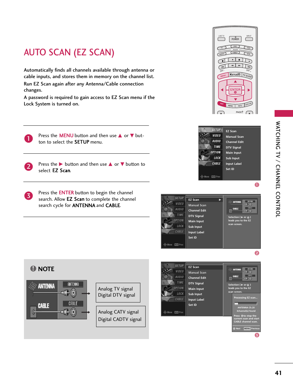 Auto scan (ez scan), Wa tching tv / channel contr ol, Press the menu button and then use | But- ton to select the setup menu. press the, Button and then use | LG 60PB4D User Manual | Page 42 / 152