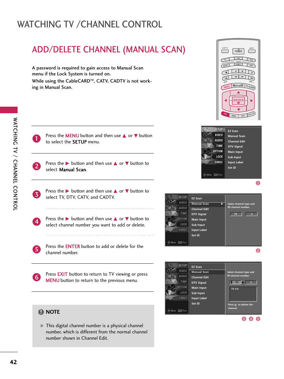 Add/delete channel (manual scan), Watching tv /channel control, Wa tching tv / channel contr ol | LG 60PB4D User Manual | Page 43 / 152