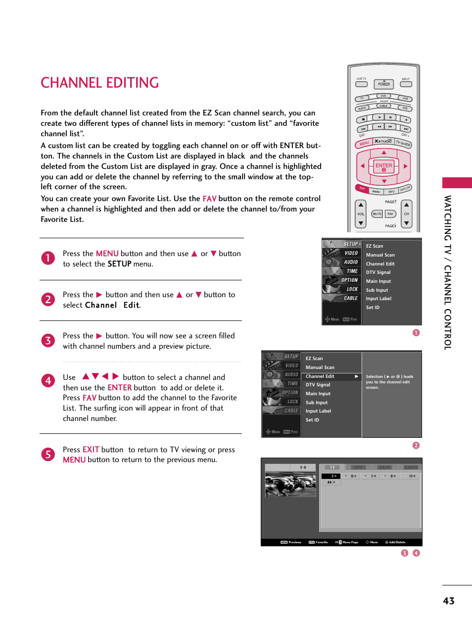 Channel editing, Wa tching tv / channel contr ol | LG 60PB4D User Manual | Page 44 / 152