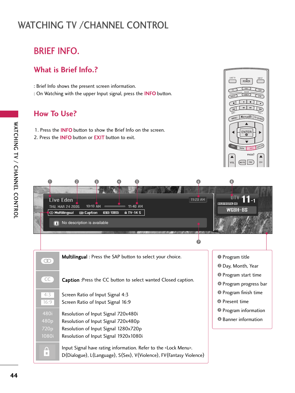 Brief info, Watching tv /channel control, What is brief info | How to use | LG 60PB4D User Manual | Page 45 / 152