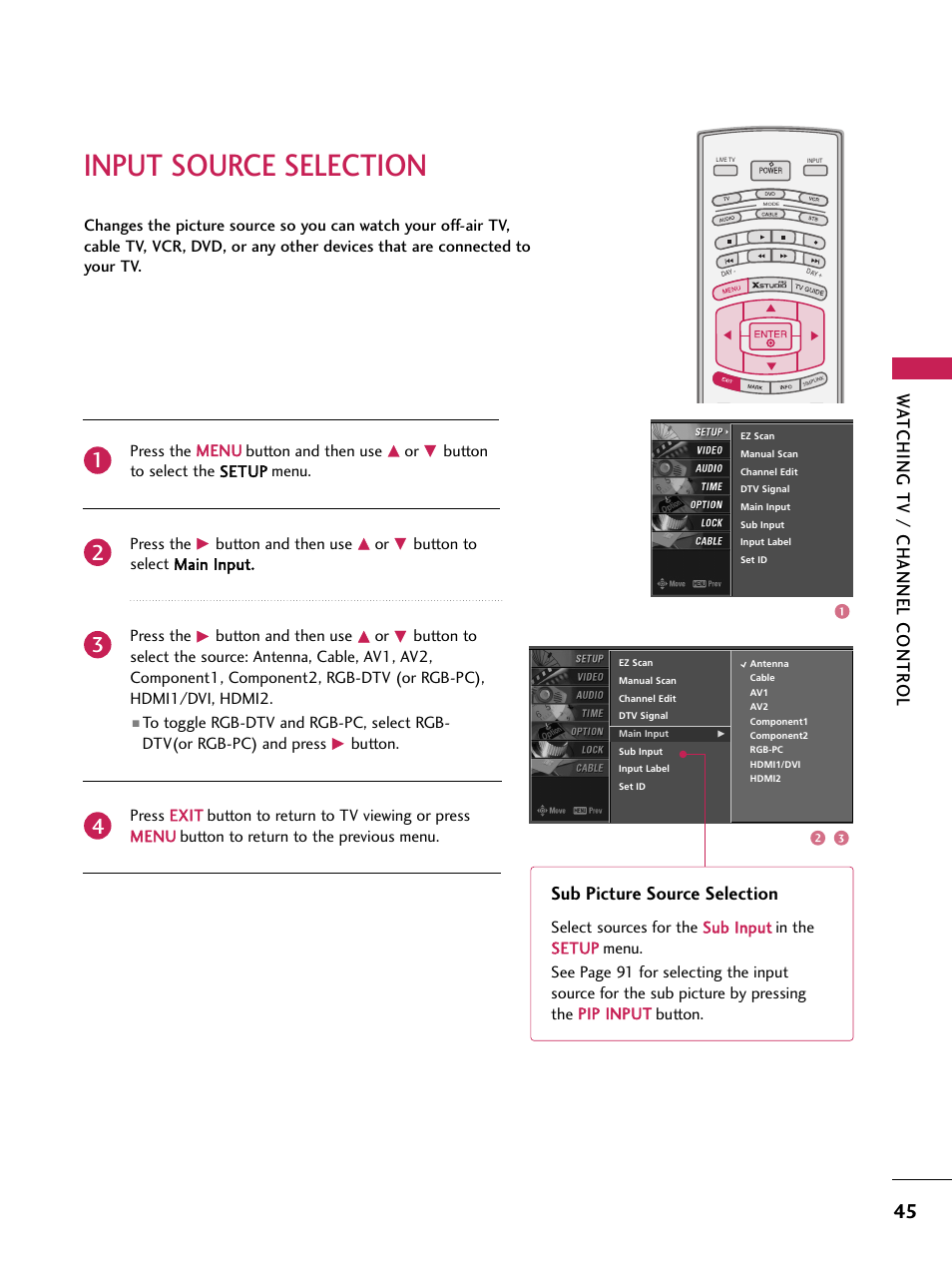 Input source selection, Wa tching tv / channel contr ol, Sub picture source selection | LG 60PB4D User Manual | Page 46 / 152