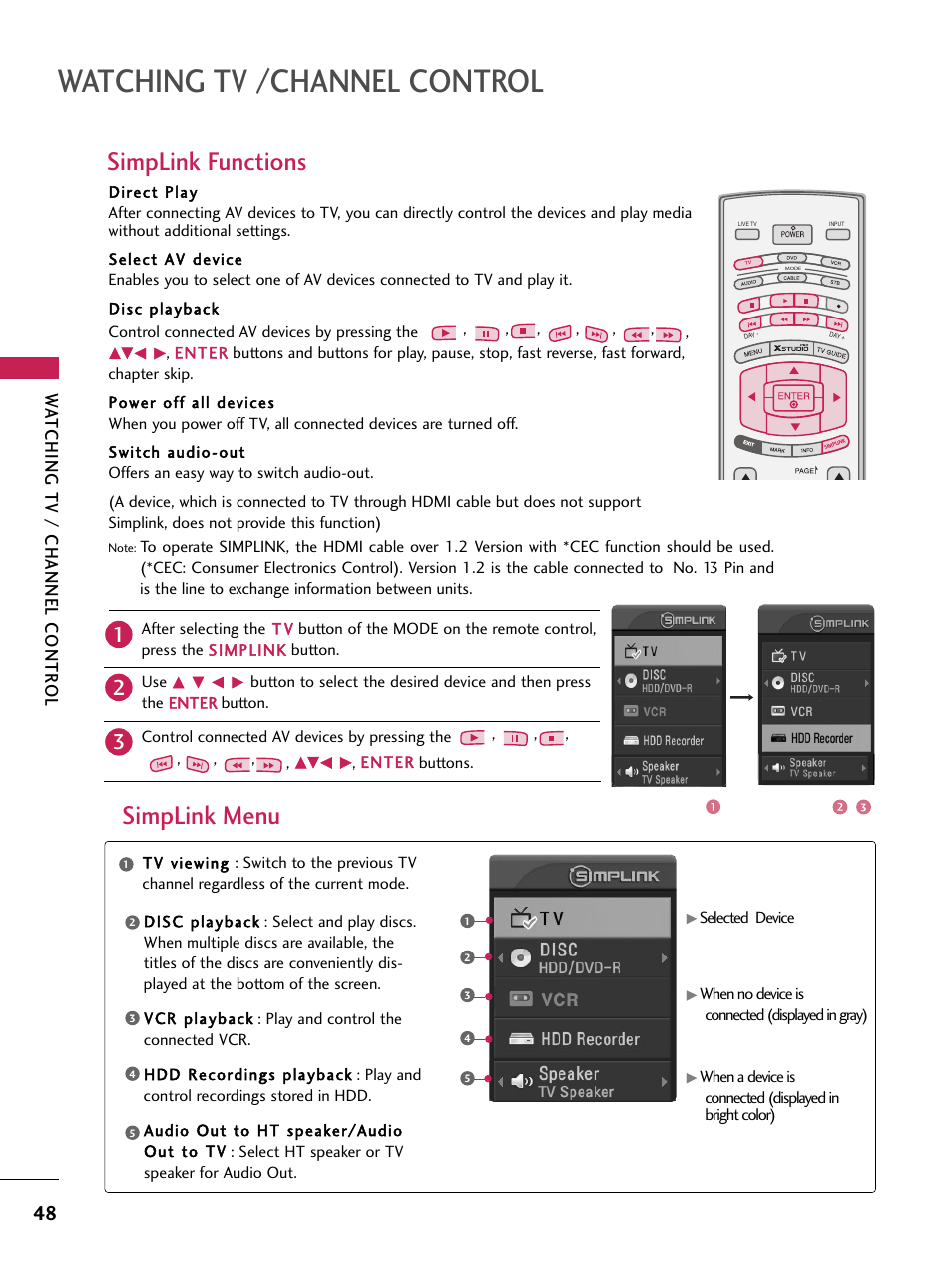 Watching tv /channel control, Simplink functions, Simplink menu | Wa tching tv / channel contr ol | LG 60PB4D User Manual | Page 49 / 152