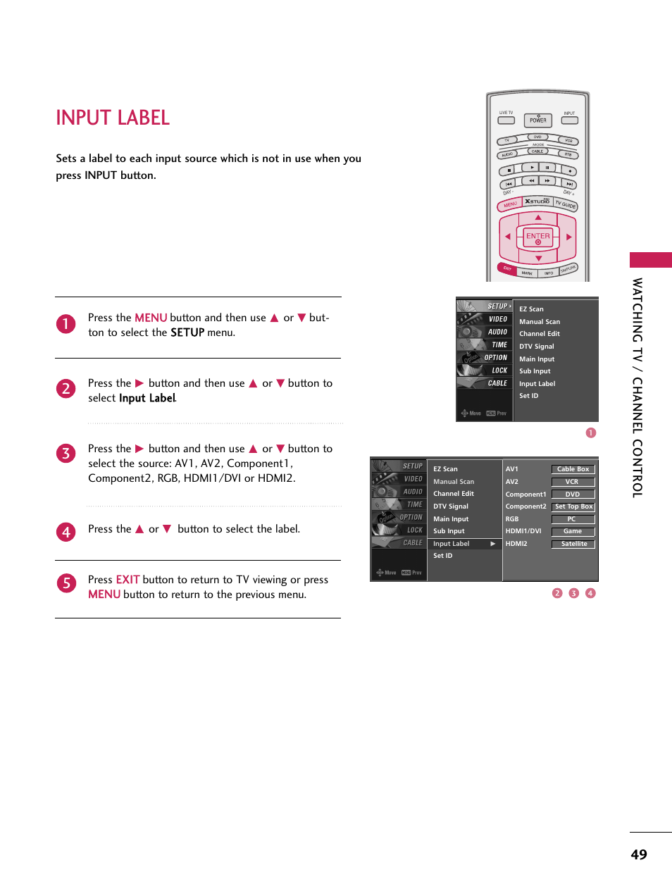 Input label, Wa tching tv / channel contr ol | LG 60PB4D User Manual | Page 50 / 152
