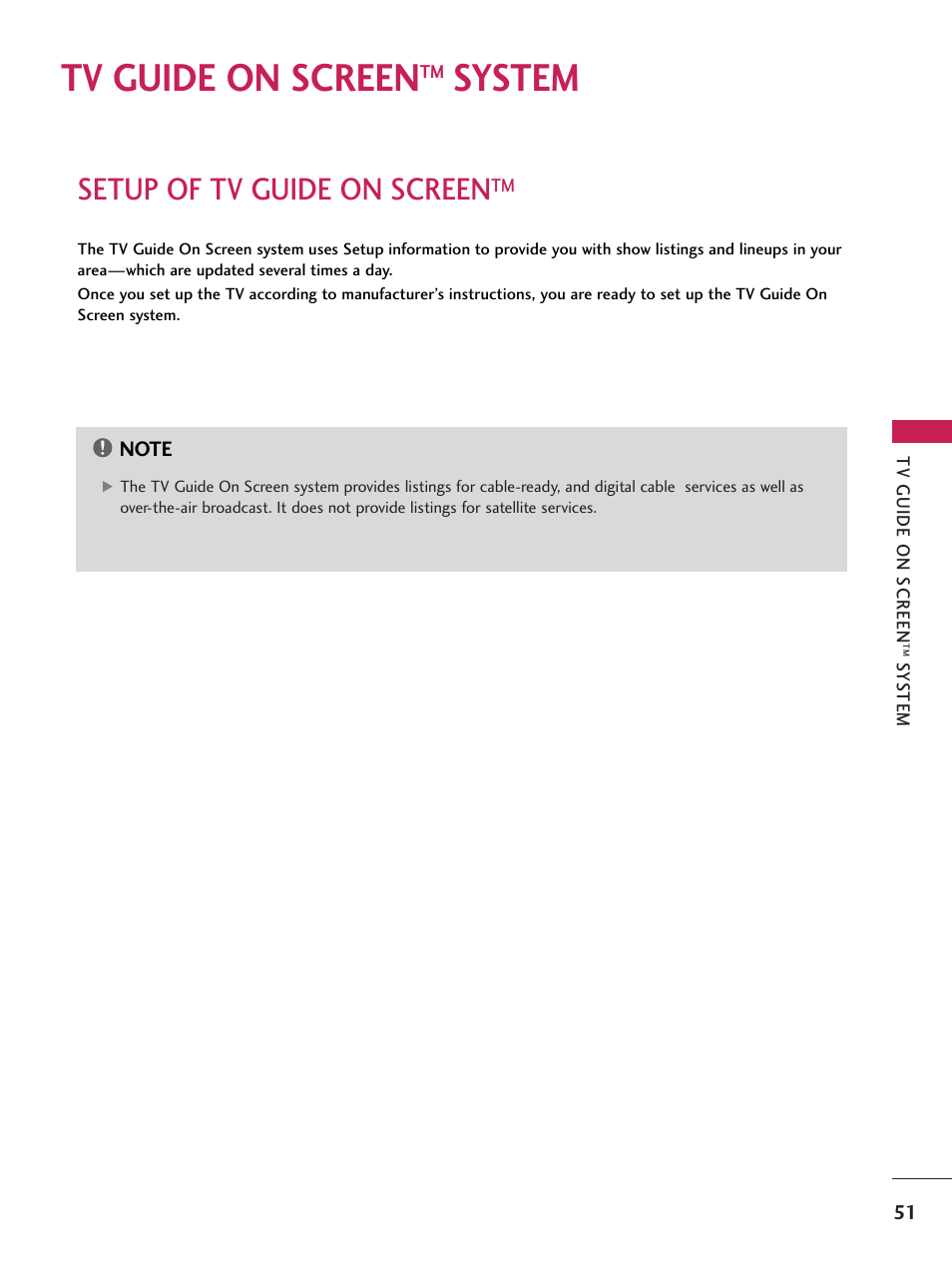 Tv guide on screen system, Setup of tv guide on screen, Tv guide on screen | System | LG 60PB4D User Manual | Page 52 / 152