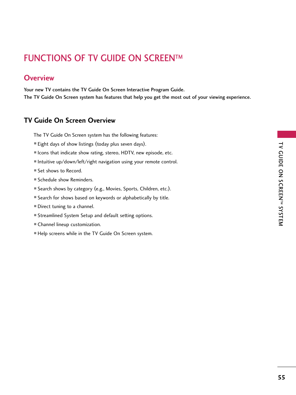 Functions of tv guide on screen, Overview, Tv guide on screen overview | Tv guide on screen, Sy s tem | LG 60PB4D User Manual | Page 56 / 152