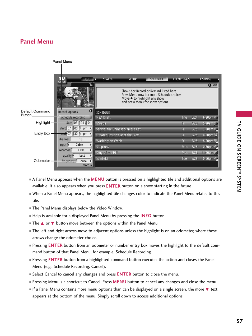 Panel menu, Tv guide on screen, Sy s tem | LG 60PB4D User Manual | Page 58 / 152