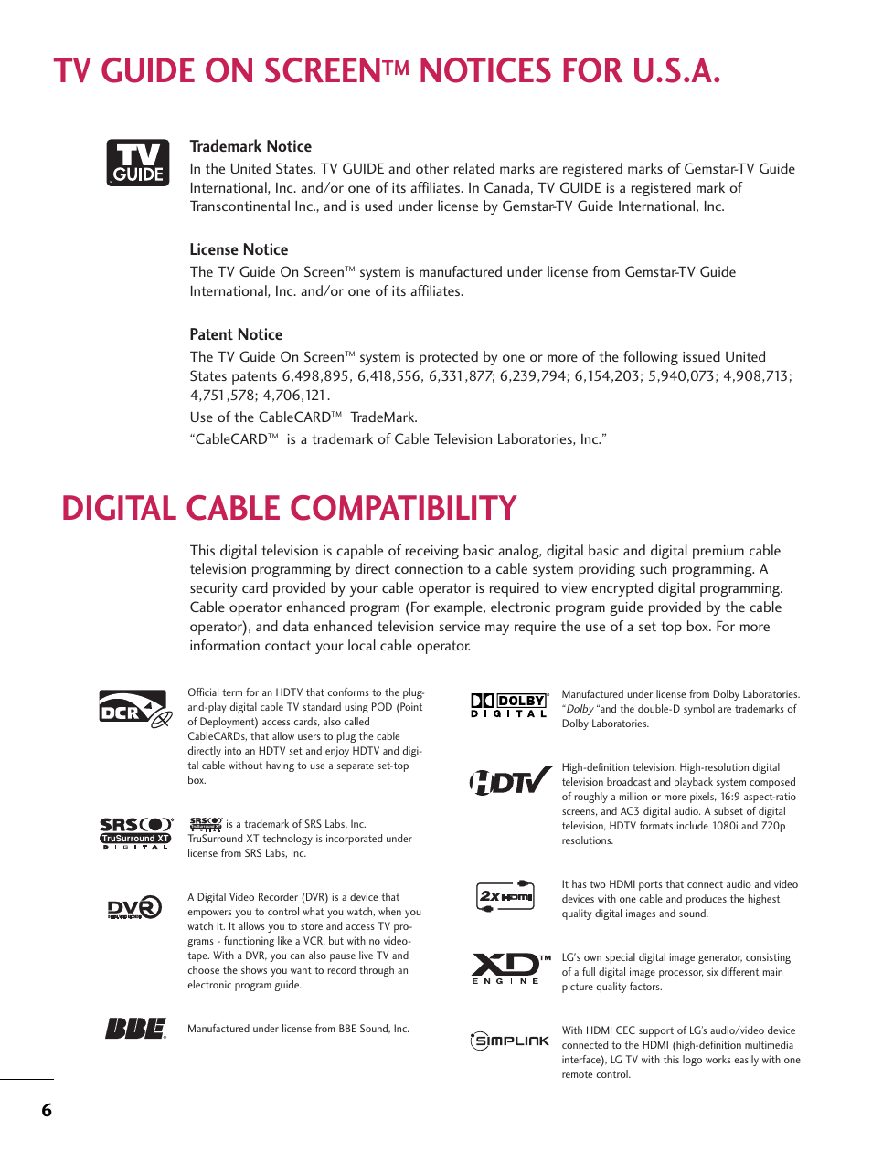 Tv guide on screentm notices for u.s.a, Digital cable compatibility, Tv guide on screen | Notices for u.s.a. digital cable compatibility, Trademark notice, License notice, Patent notice | LG 60PB4D User Manual | Page 7 / 152