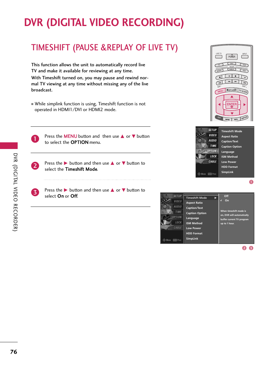 Dvr (digital video recording), Timeshift (pause &replay of live tv), Dvr (digit al video recorder) | LG 60PB4D User Manual | Page 77 / 152