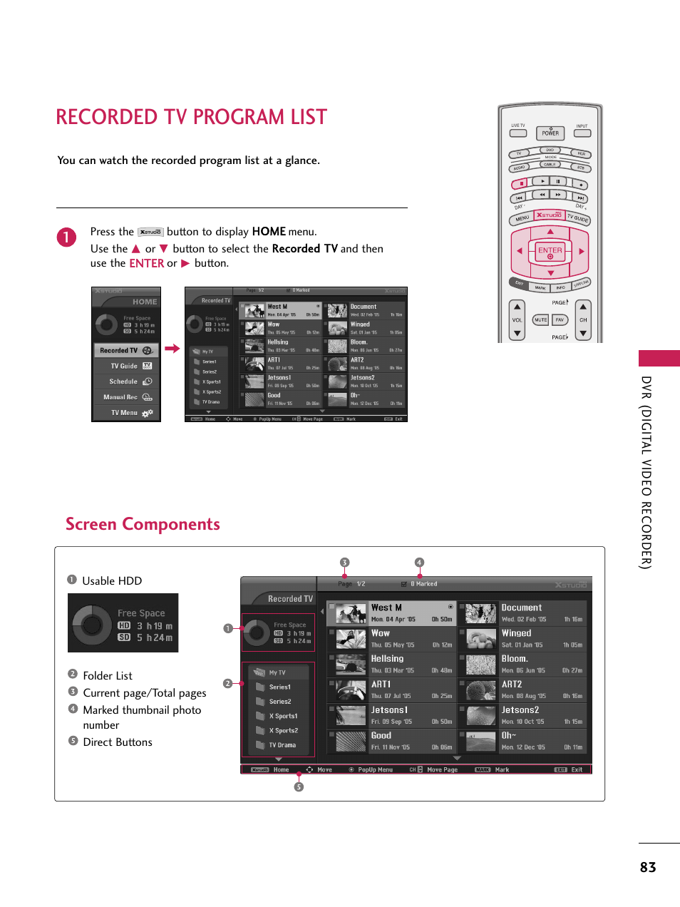 Recorded tv program list, Screen components, Dvr (digit al video recorder) | LG 60PB4D User Manual | Page 84 / 152
