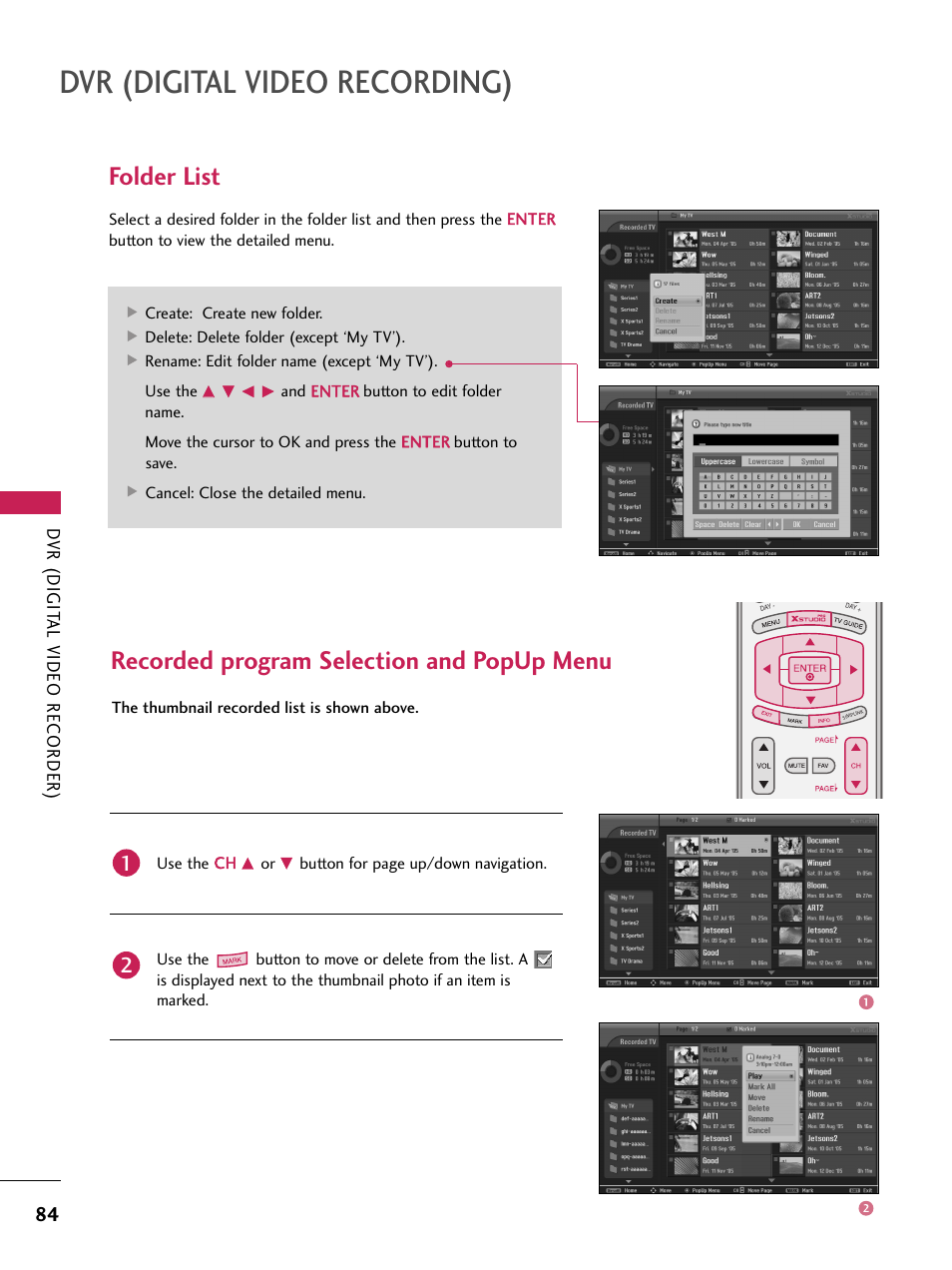 Dvr (digital video recording), Folder list, Recorded program selection and popup menu | LG 60PB4D User Manual | Page 85 / 152