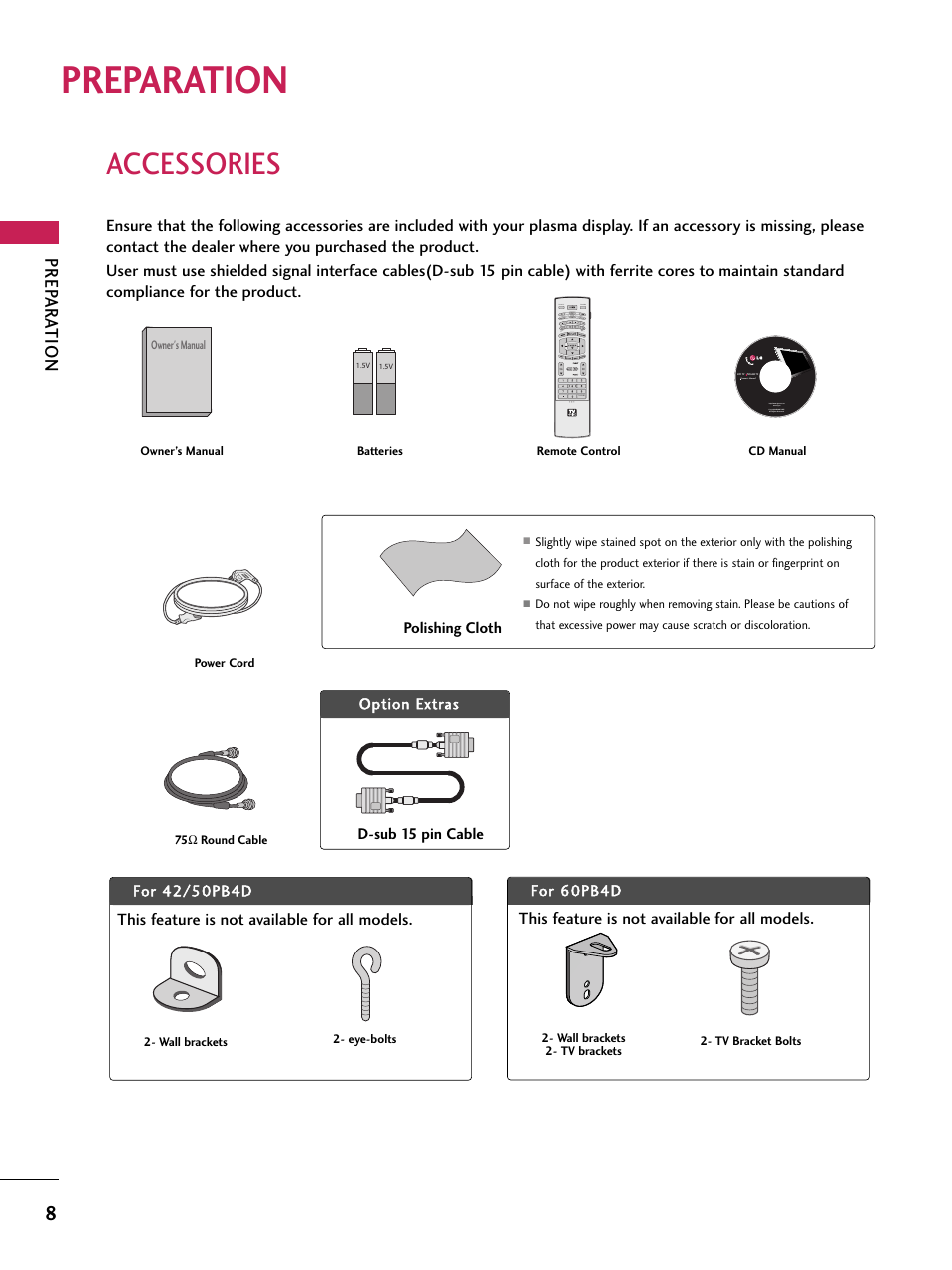 Preparation, Accessories, Prep ar a tion | LG 60PB4D User Manual | Page 9 / 152