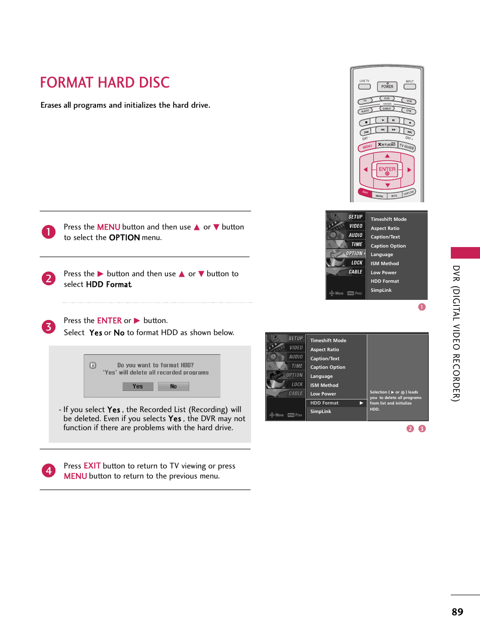 Format hard disc, Dvr (digit al video recorder) | LG 60PB4D User Manual | Page 90 / 152