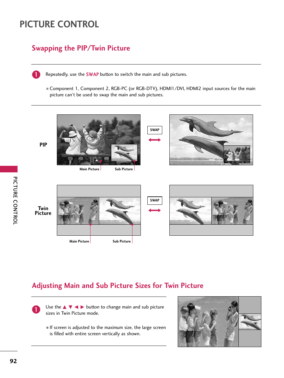 Swapping the pip/twin picture, Picture control | LG 60PB4D User Manual | Page 93 / 152