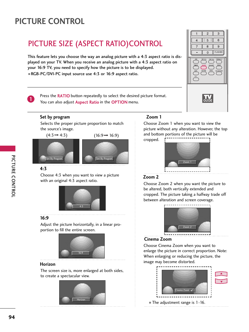 Picture size (aspect ratio)control, Picture control, Picture contr ol | Set by program, Horizon, Zoom 1, Zoom 2, Cinema zoom | LG 60PB4D User Manual | Page 95 / 152