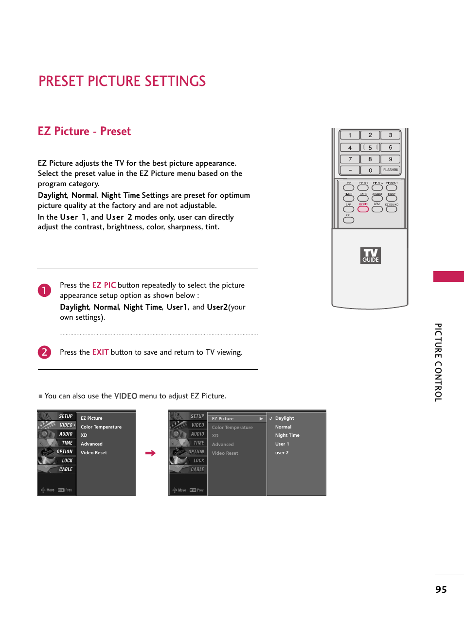 Preset picture settings, Ez picture - preset, Picture contr ol | LG 60PB4D User Manual | Page 96 / 152