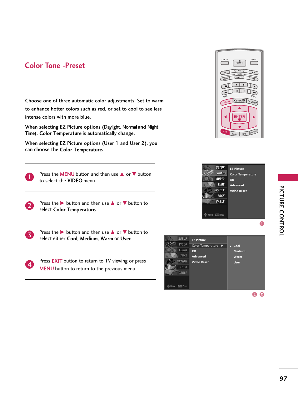 Color tone -preset, Picture contr ol | LG 60PB4D User Manual | Page 98 / 152