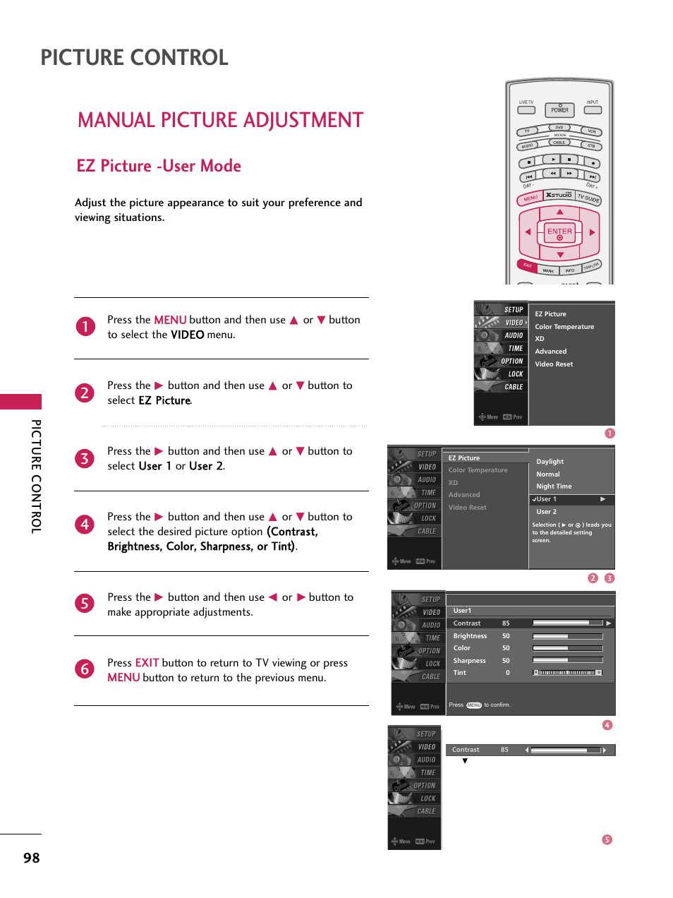 Manual picture adjustment, Ez picture -user mode, Picture control | Picture contr ol | LG 60PB4D User Manual | Page 99 / 152