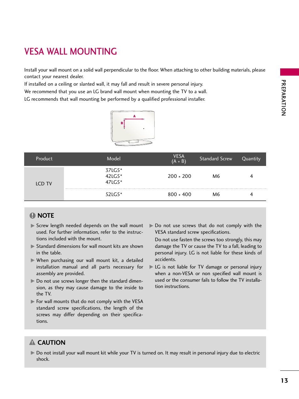 Vesa wall mounting, Caution, Prep ar at ion | LG 37LG50-UG User Manual | Page 13 / 114