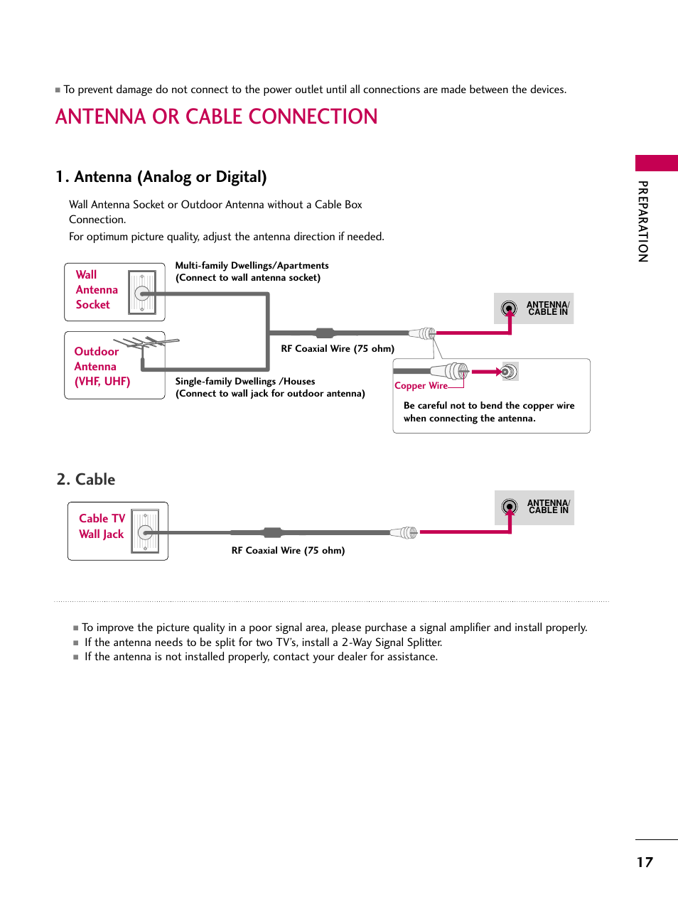 Antenna or cable connection, Antenna (analog or digital), Cable | Prep ar at ion | LG 37LG50-UG User Manual | Page 17 / 114