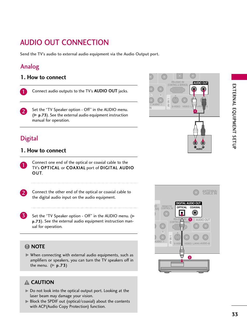 Audio out connection, Analog digital, How to connect | Caution, External eq uipment setup | LG 37LG50-UG User Manual | Page 33 / 114