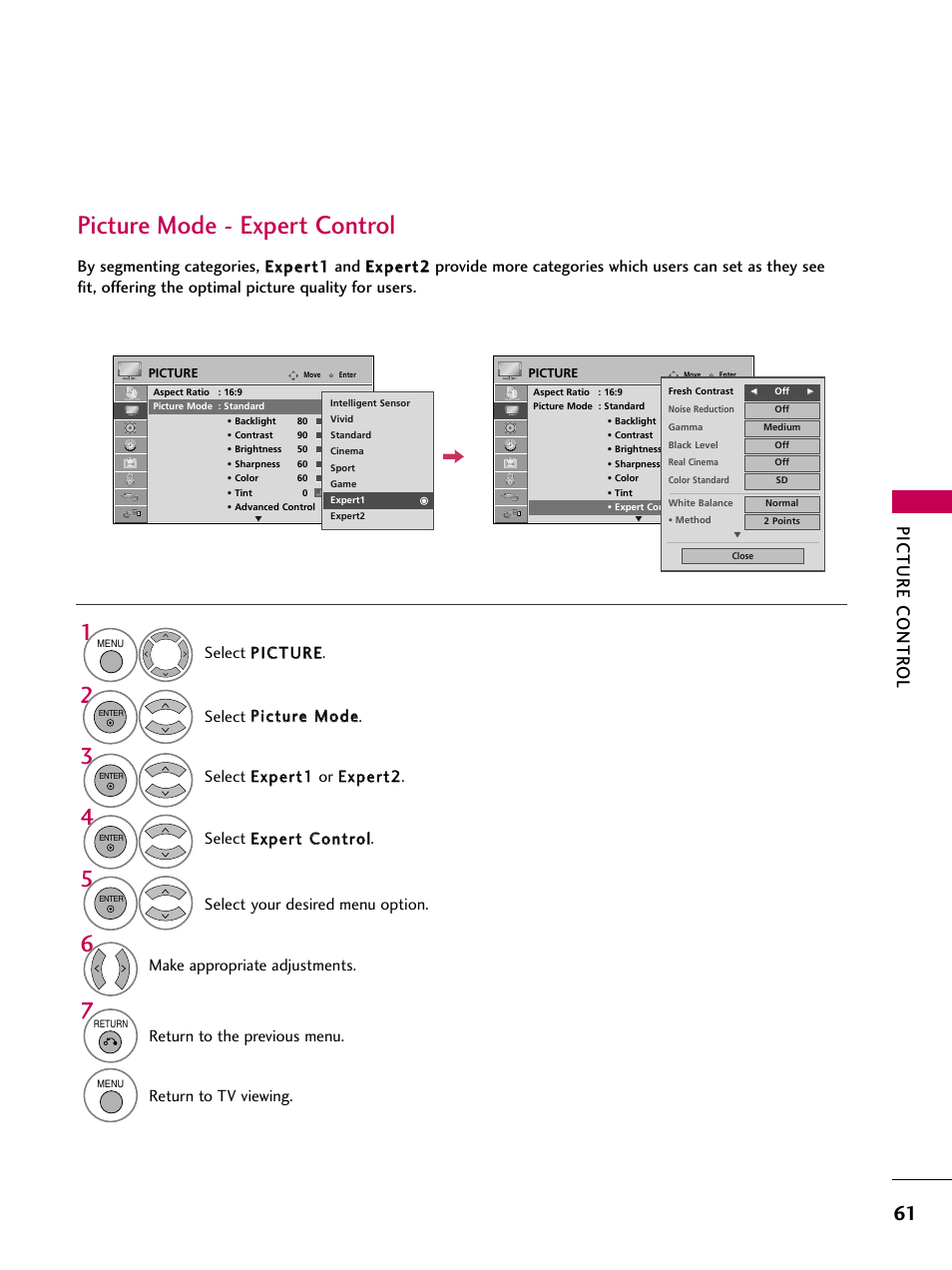 Picture mode - expert control, Picture contr ol, Make appropriate adjustments | Return to the previous menu, Return to tv viewing | LG 37LG50-UG User Manual | Page 61 / 114