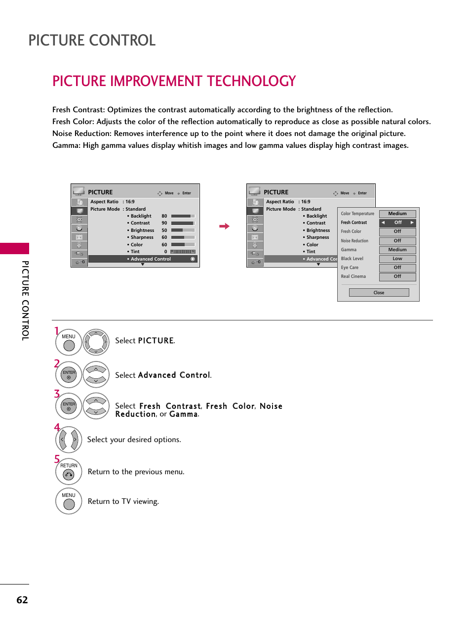 Picture improvement technology, Picture control, Picture contr ol | Return to the previous menu, Return to tv viewing. select your desired options | LG 37LG50-UG User Manual | Page 62 / 114