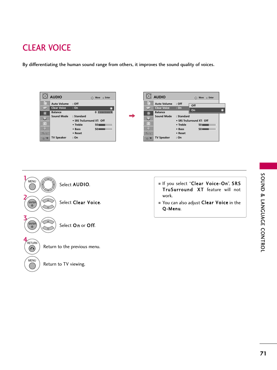 Clear voice, Sound & langu a ge contr ol | LG 37LG50-UG User Manual | Page 71 / 114