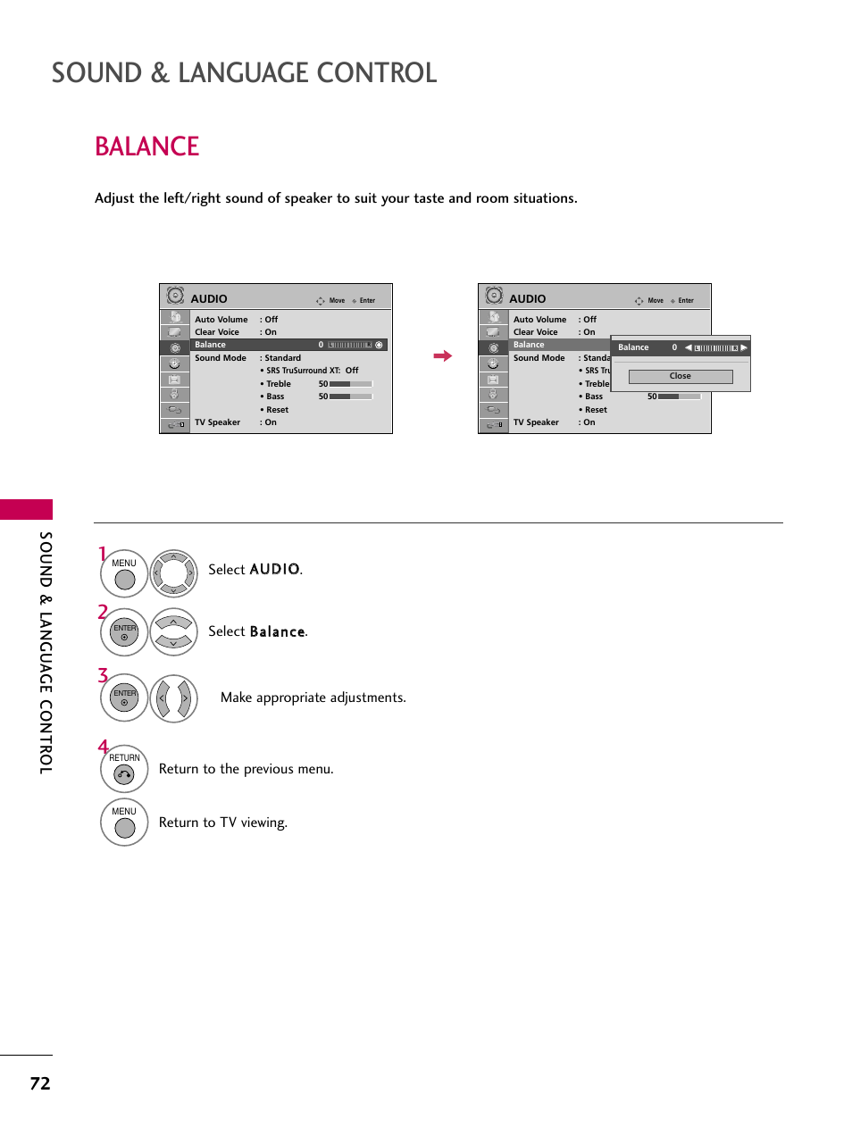 Balance, Sound & language control, Sound & langu a ge contr ol | Return to the previous menu, Return to tv viewing | LG 37LG50-UG User Manual | Page 72 / 114