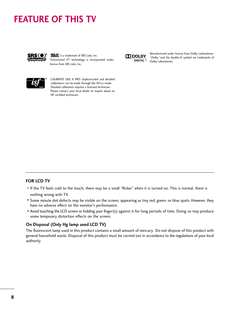 Feature of this tv, For lcd tv, On disposal (only hg lamp used lcd tv) | LG 37LG50-UG User Manual | Page 8 / 114