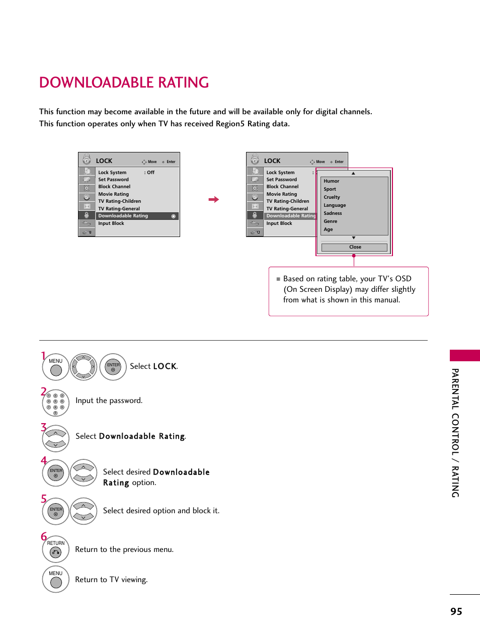 Downloadable rating, Parent al contr ol / r ating | LG 37LG50-UG User Manual | Page 95 / 114