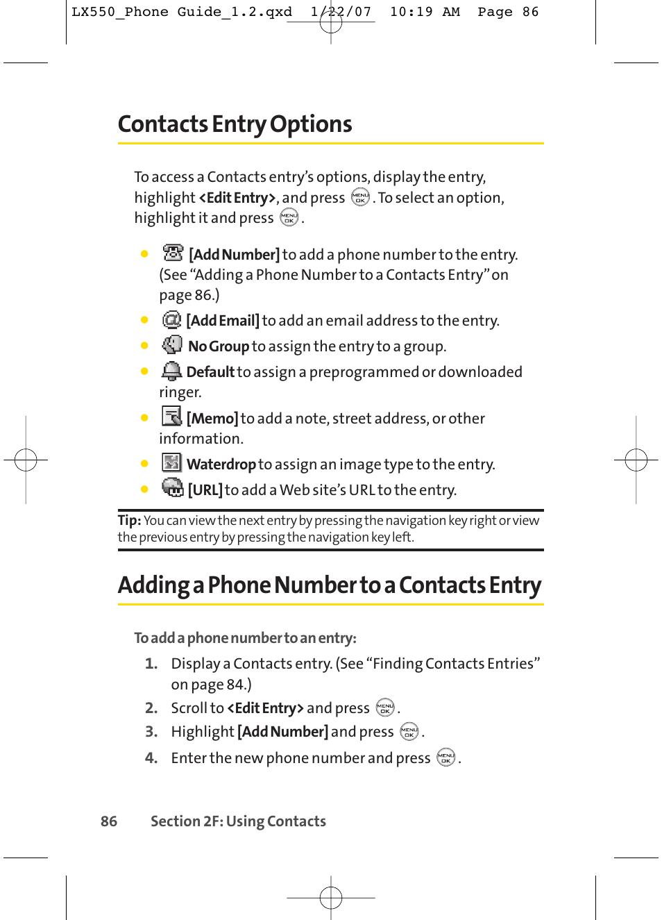 Contacts entry options, Adding a phone number to a contacts entry | LG LX550 User Manual | Page 100 / 194