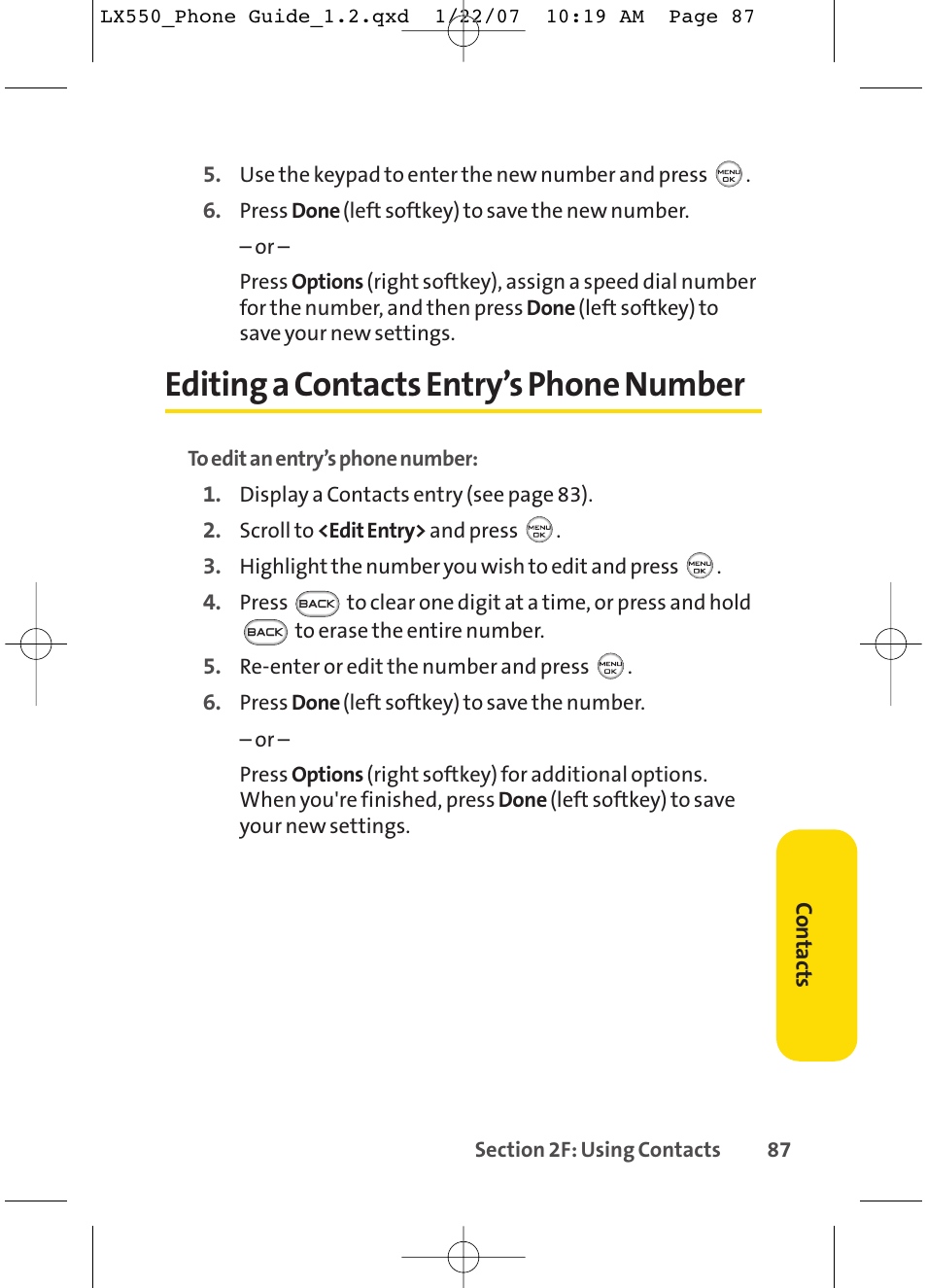 Editing a contacts entry’s phone number | LG LX550 User Manual | Page 101 / 194