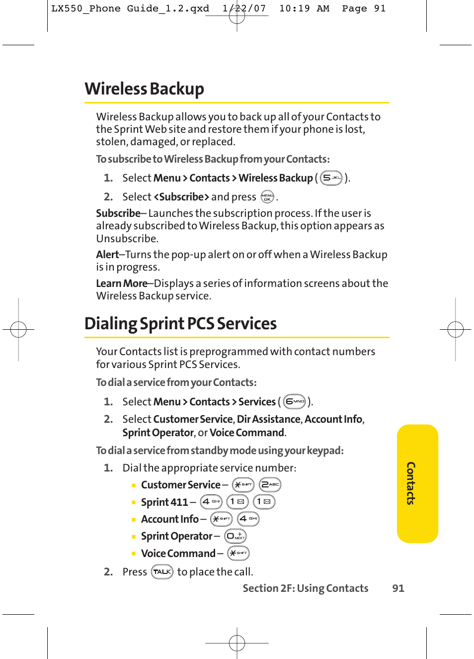 Wireless backup, Dialing sprint pcs services | LG LX550 User Manual | Page 105 / 194