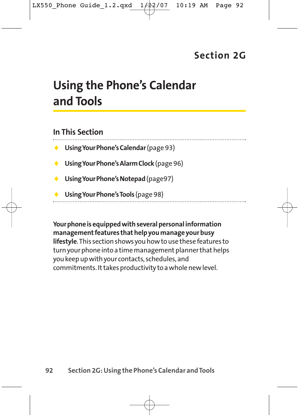 Using the phone’s calendar and tools | LG LX550 User Manual | Page 106 / 194