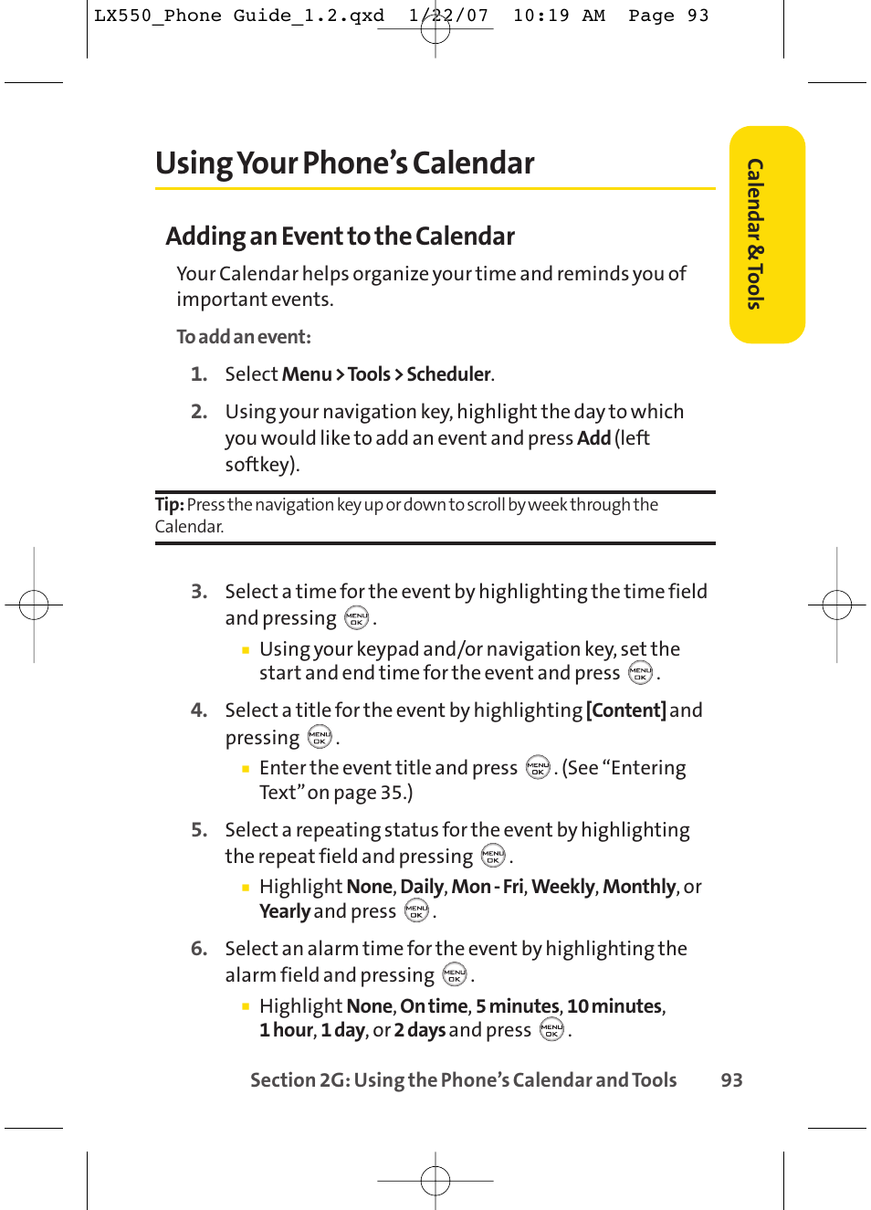 Using your phone’s calendar, Adding an event to the calendar | LG LX550 User Manual | Page 107 / 194