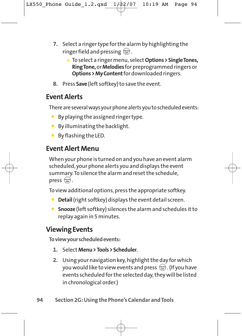 Event alerts, Event alert menu, Viewing events | LG LX550 User Manual | Page 108 / 194
