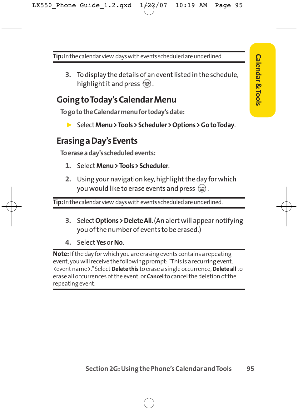 Going to today’s calendar menu, Erasing a day’s events | LG LX550 User Manual | Page 109 / 194
