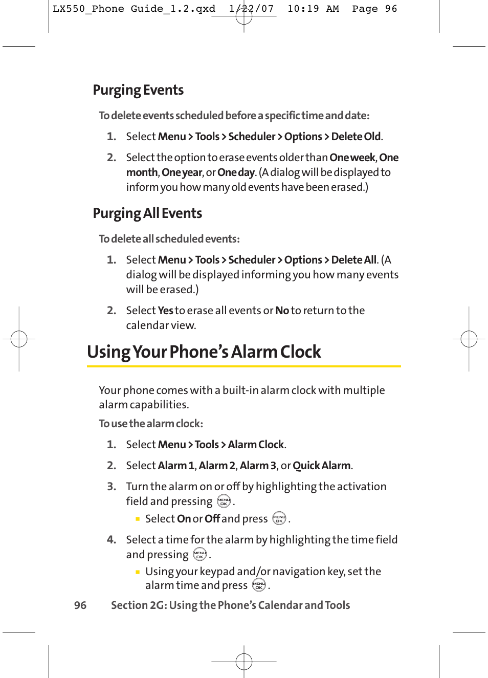 Using your phone’s alarm clock, Purging events, Purging all events | LG LX550 User Manual | Page 110 / 194