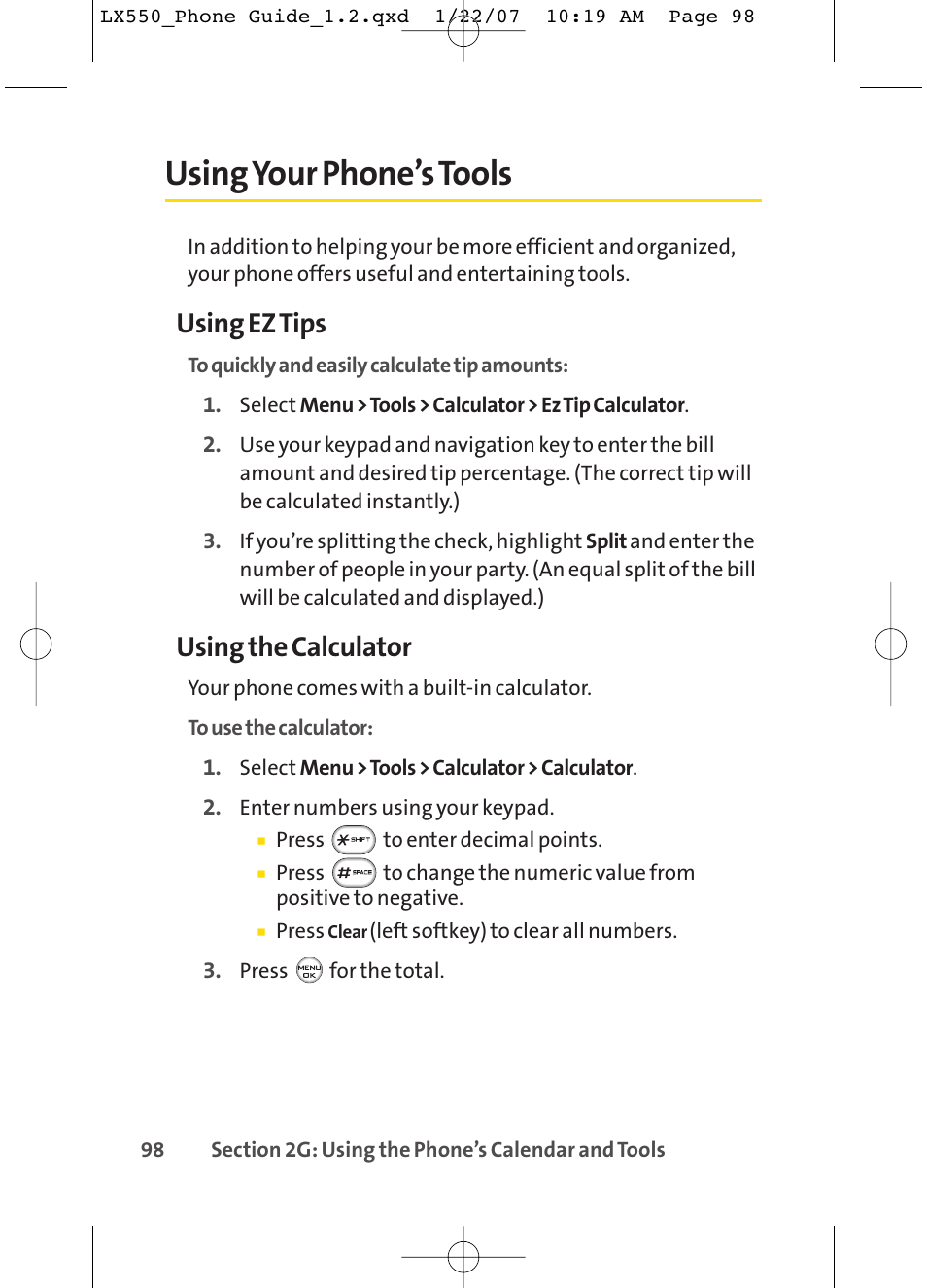 Using your phone’s tools, Using ez tips, Using the calculator | LG LX550 User Manual | Page 112 / 194