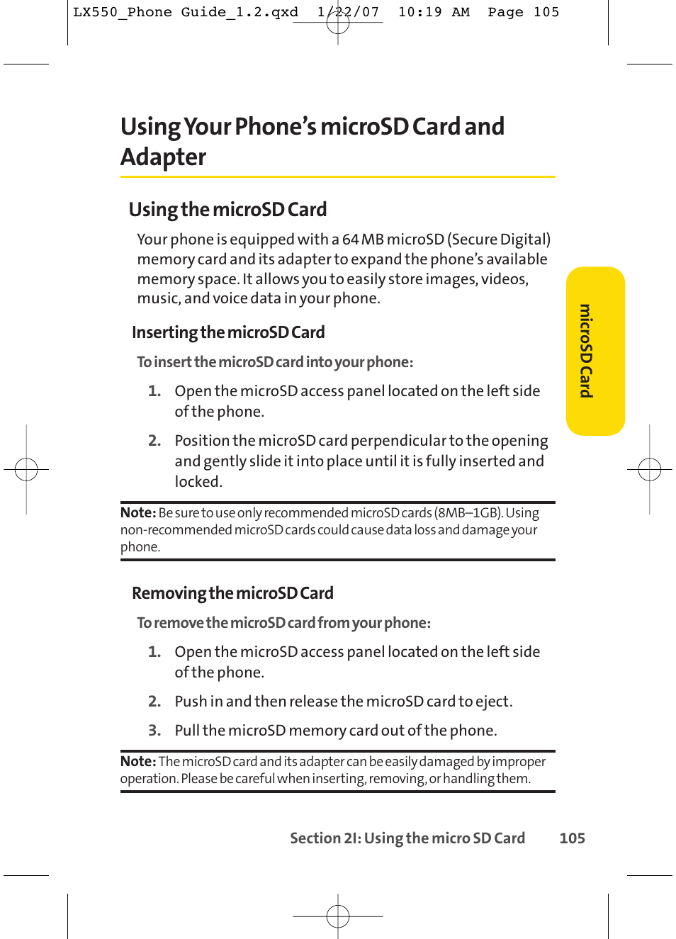 Using your phone’s microsd card and adapter, Using the microsd card | LG LX550 User Manual | Page 119 / 194