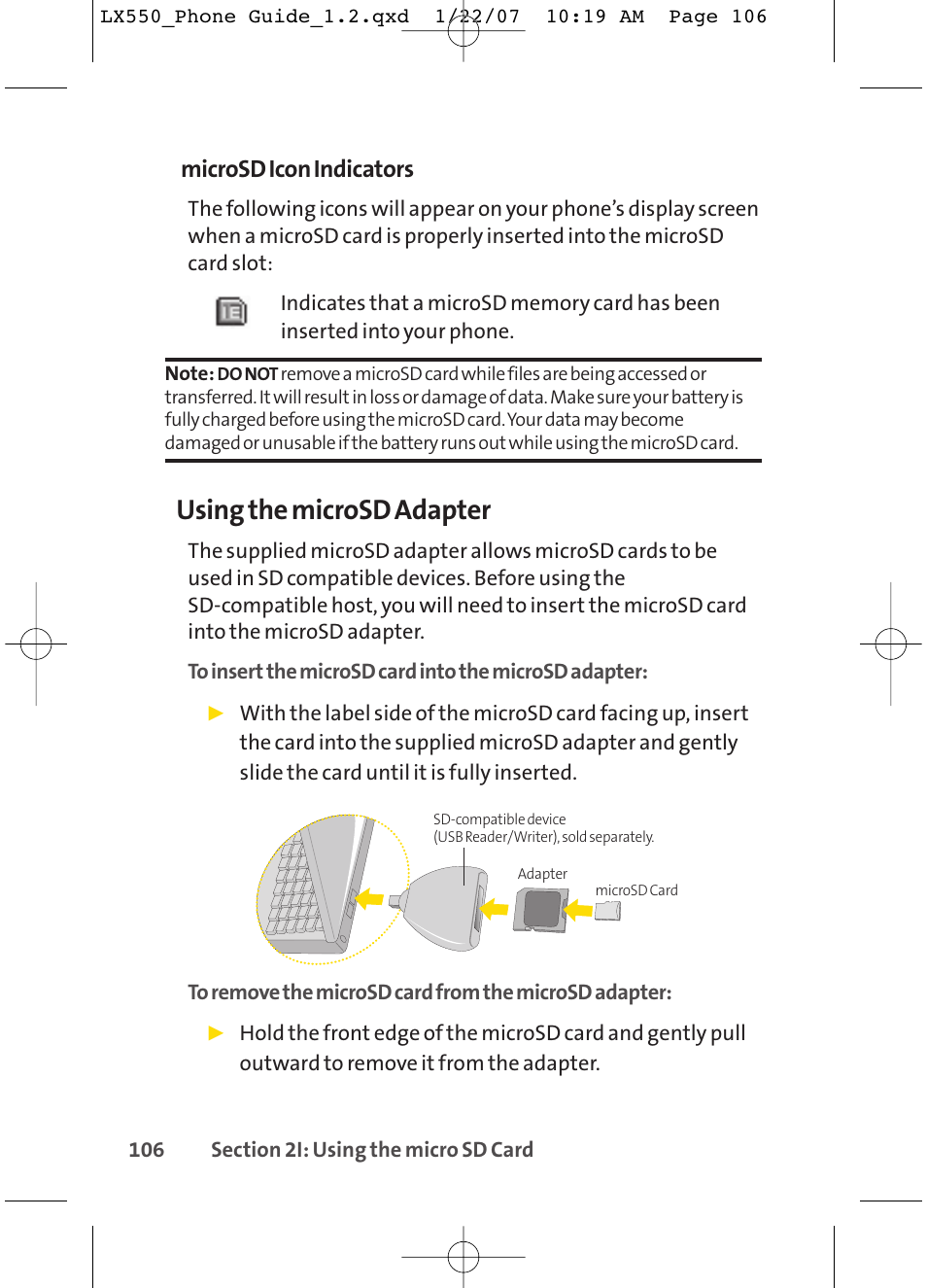 Using the microsd adapter, Microsd icon indicators | LG LX550 User Manual | Page 120 / 194