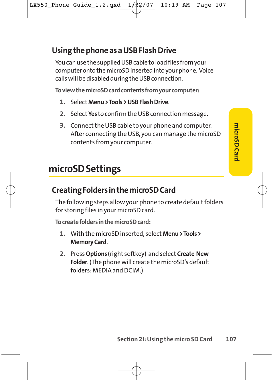 Microsd settings, Using the phone as a usb flash drive, Creating folders in the microsd card | LG LX550 User Manual | Page 121 / 194