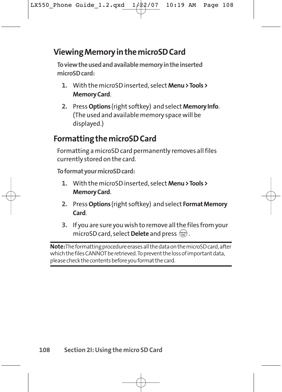 Formatting the microsd card | LG LX550 User Manual | Page 122 / 194