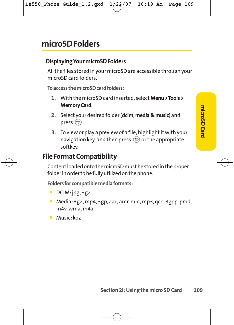 Microsd folders, File format compatibility | LG LX550 User Manual | Page 123 / 194