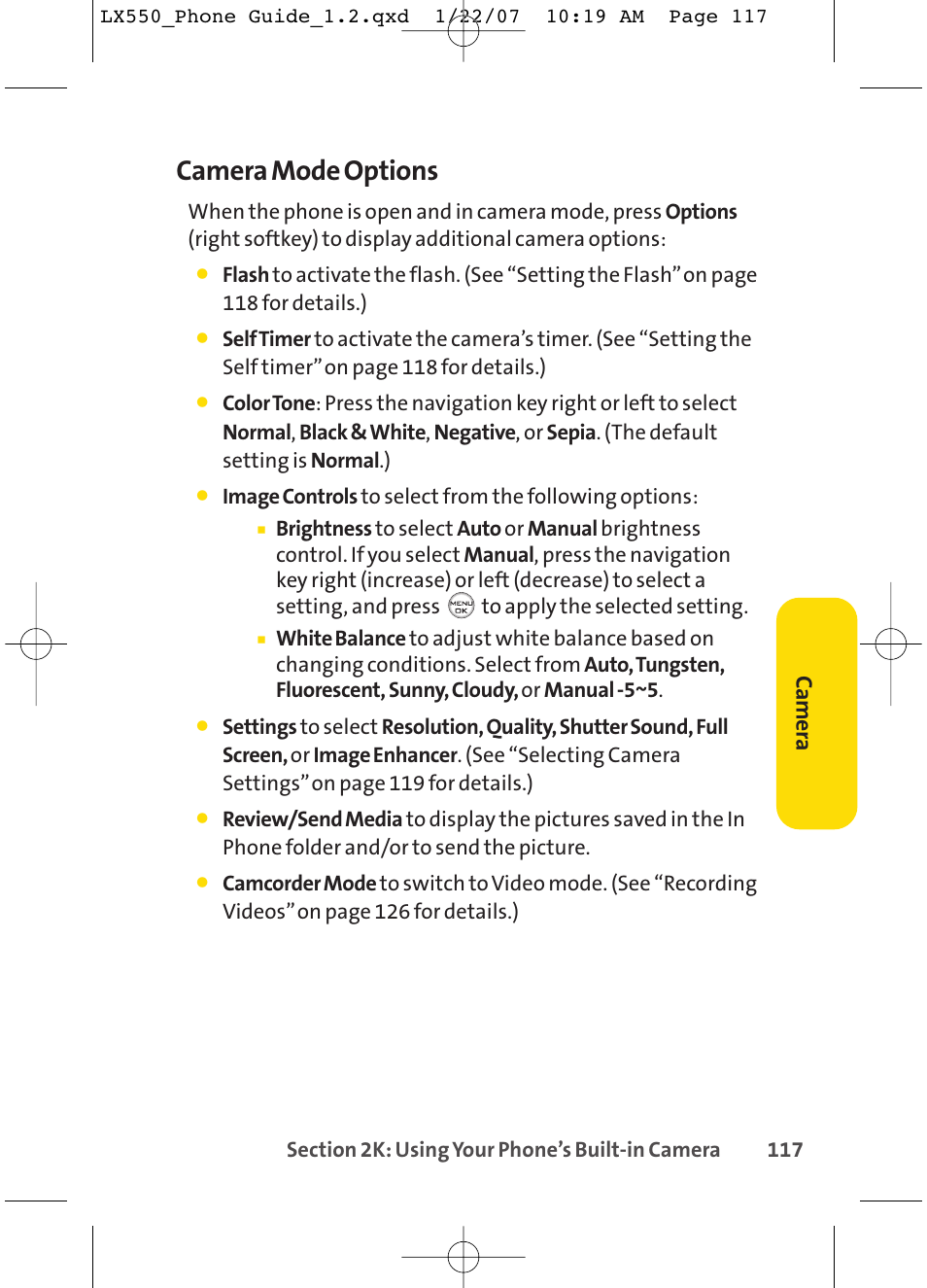 Camera mode options, Ca m er a | LG LX550 User Manual | Page 131 / 194