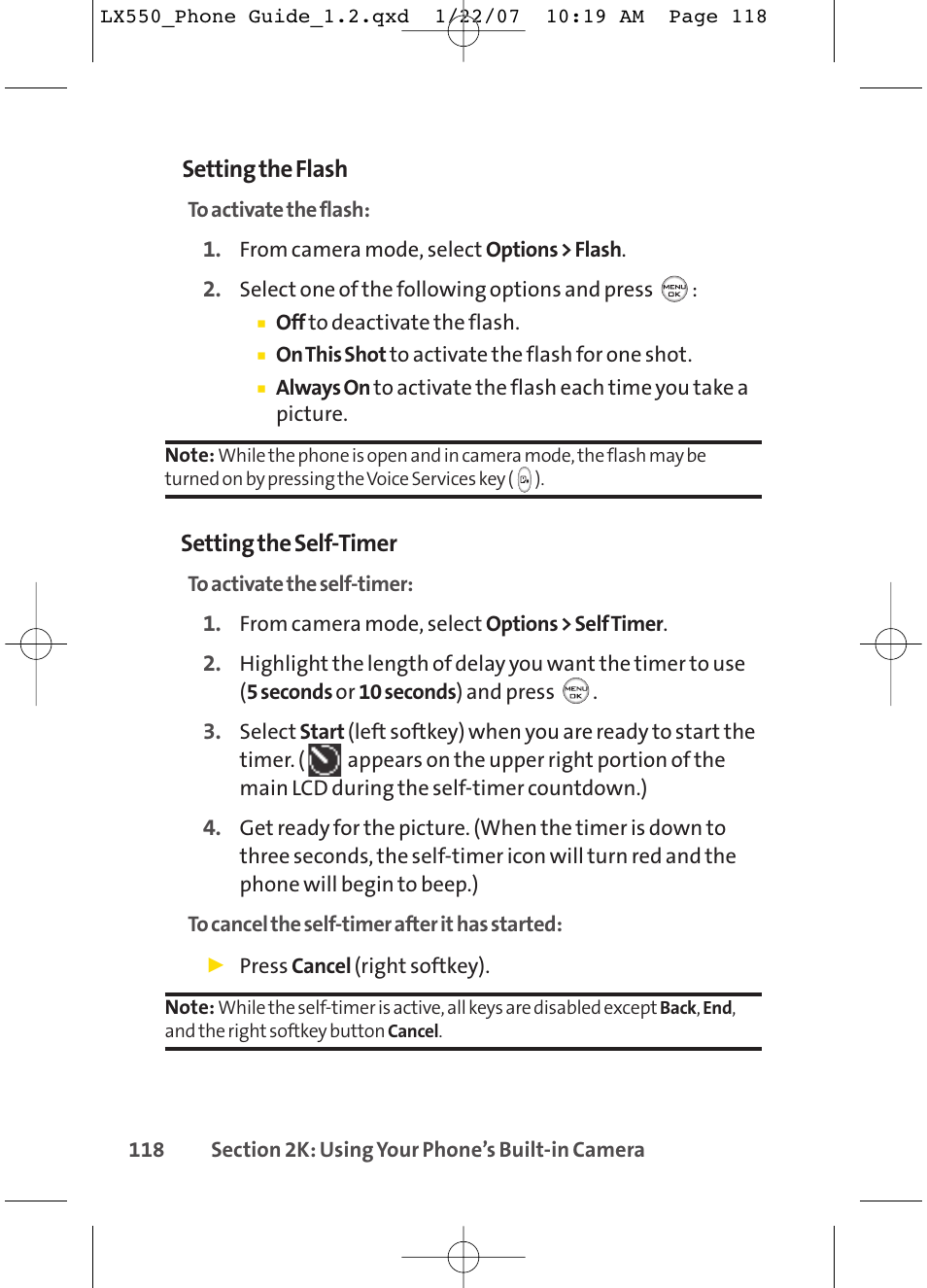 Setting the flash, Setting the self-timer | LG LX550 User Manual | Page 132 / 194