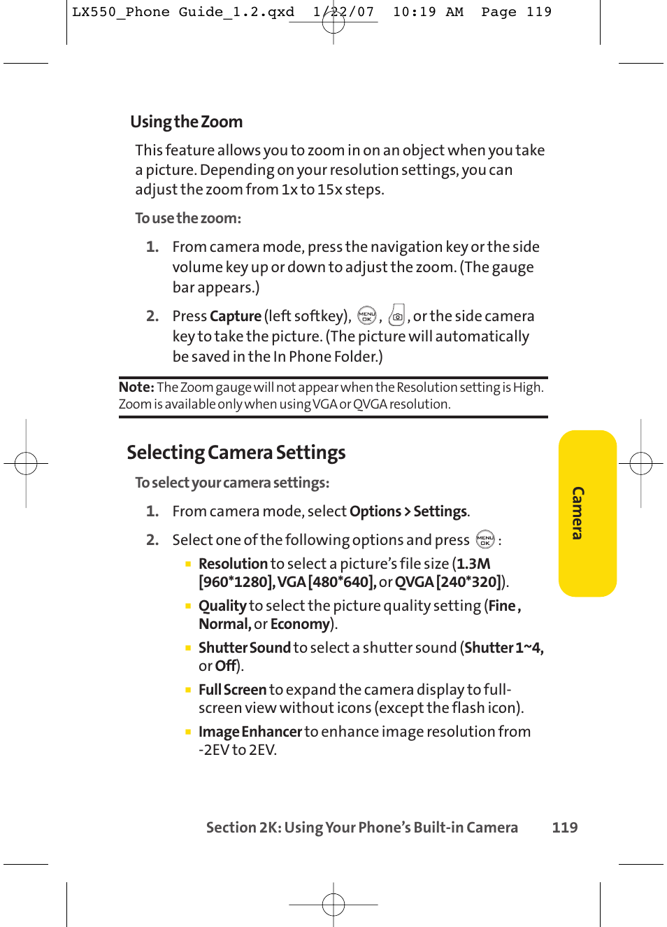 Selecting camera settings, Using the zoom | LG LX550 User Manual | Page 133 / 194